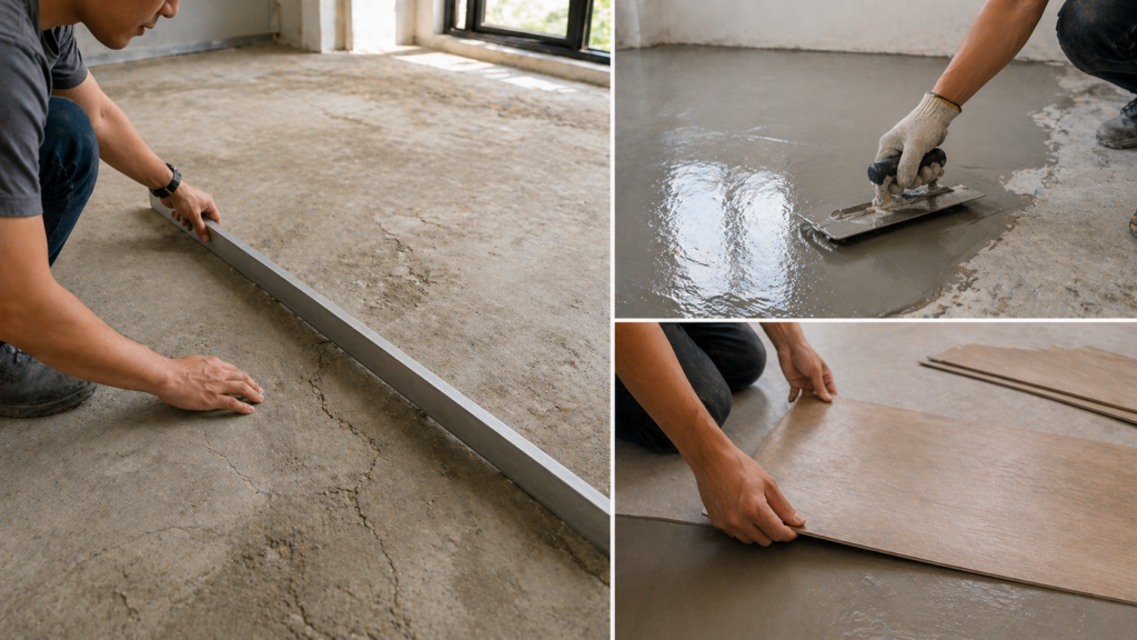 ตรวจสภาพพื้น ปรับระดับพื้นเดิมก่อนปูกระเบื้องยาง